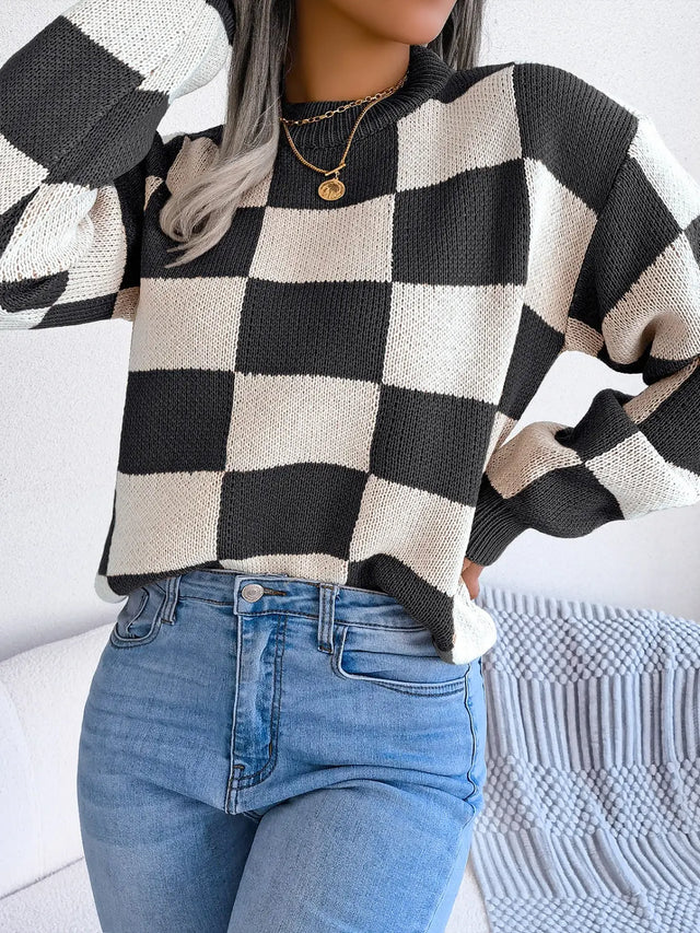 Checkered Mock Neck Long Sleeve Sweater Trendsi Hanalas