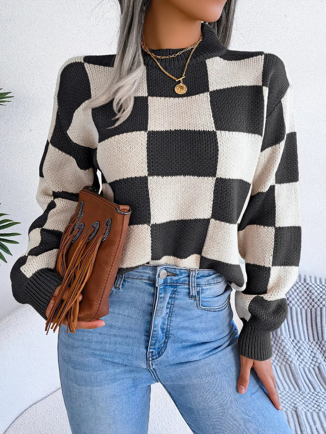 Checkered Mock Neck Long Sleeve Sweater Trendsi Hanalas