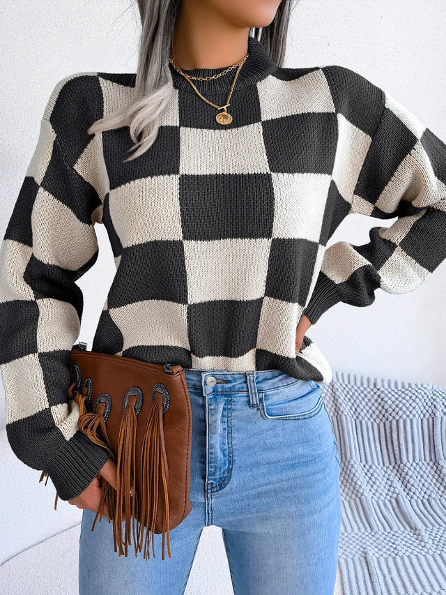 Checkered Mock Neck Long Sleeve Sweater Trendsi Hanalas