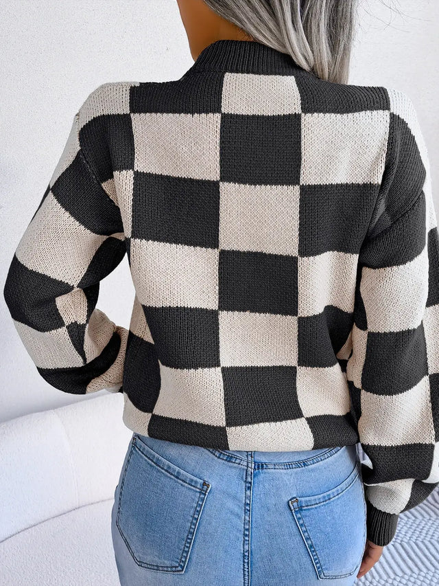 Checkered Mock Neck Long Sleeve Sweater Trendsi Hanalas