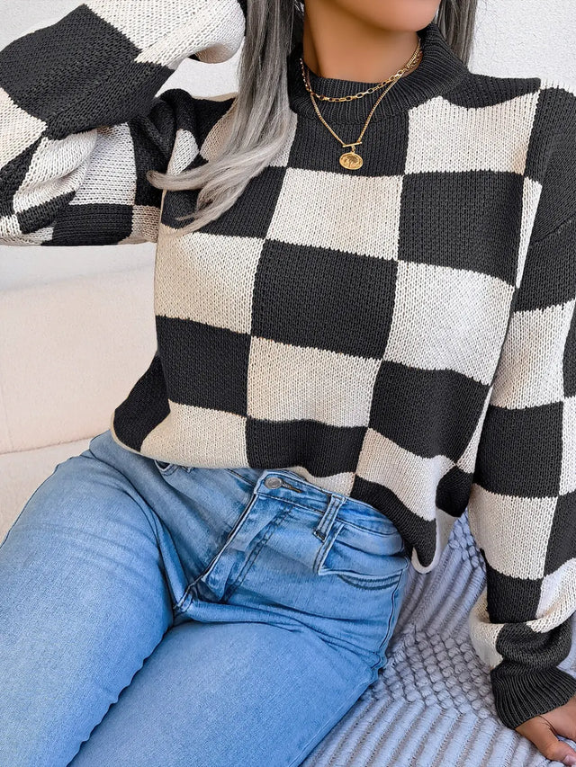 Checkered Mock Neck Long Sleeve Sweater Trendsi Hanalas