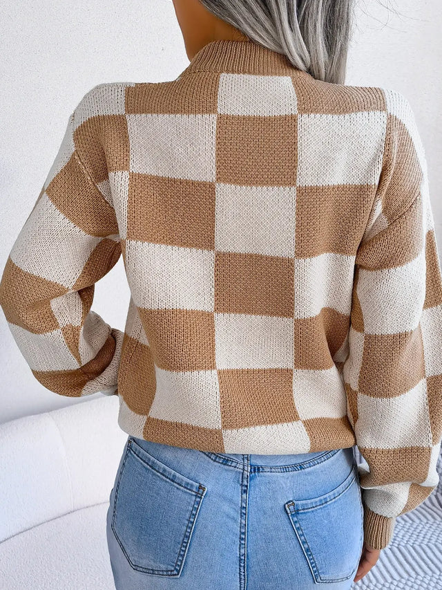 Checkered Mock Neck Long Sleeve Sweater Trendsi Hanalas