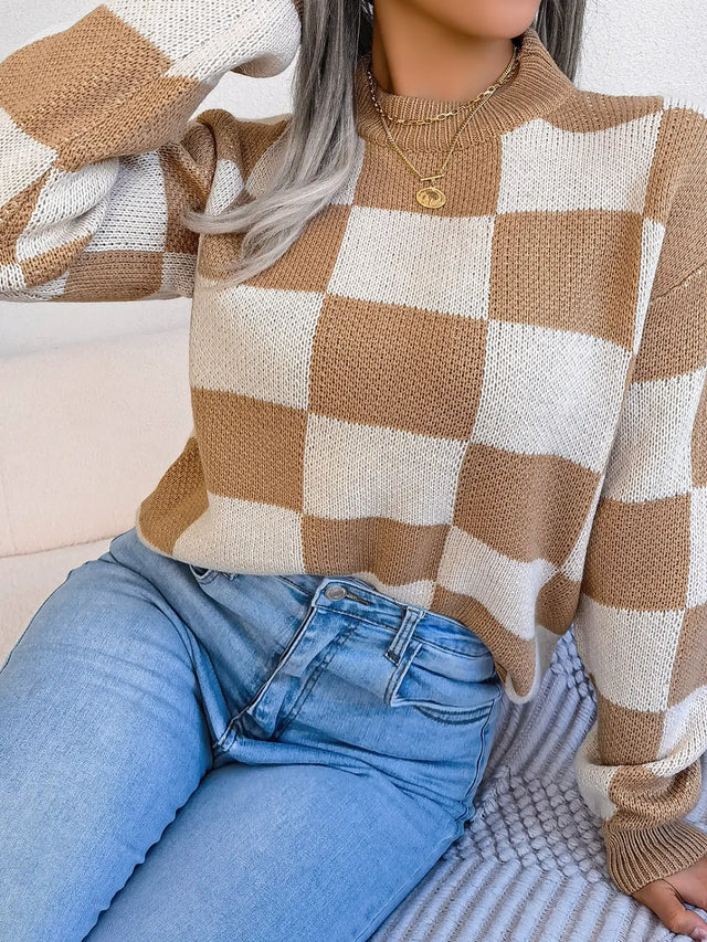 Checkered Mock Neck Long Sleeve Sweater Trendsi Hanalas