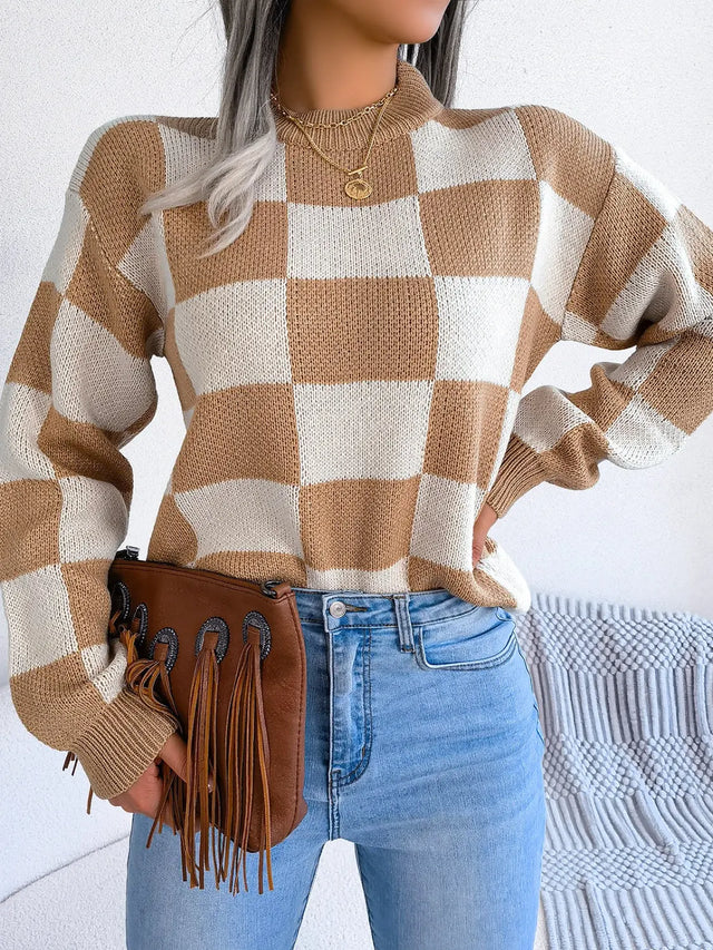 Checkered Mock Neck Long Sleeve Sweater Trendsi Hanalas