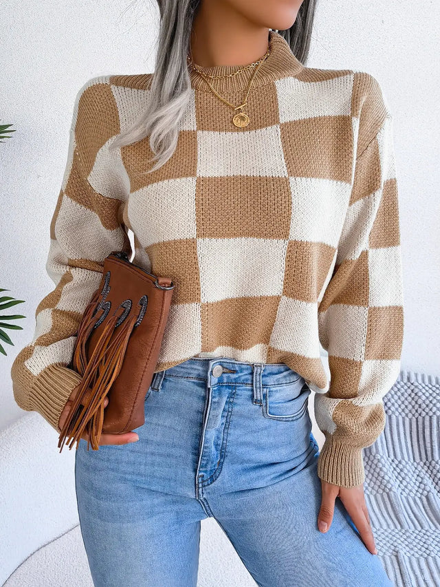 Checkered Mock Neck Long Sleeve Sweater Trendsi Hanalas