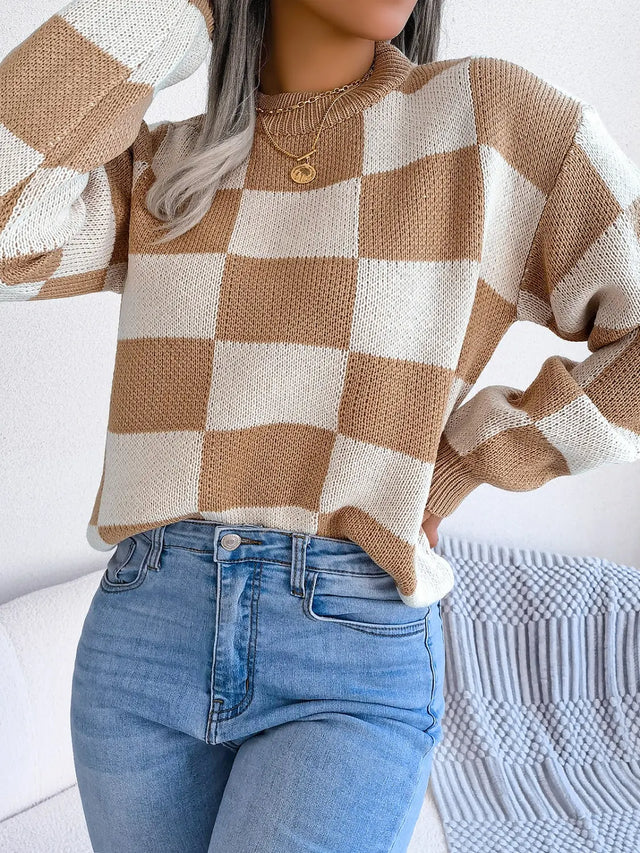 Checkered Mock Neck Long Sleeve Sweater Trendsi Hanalas