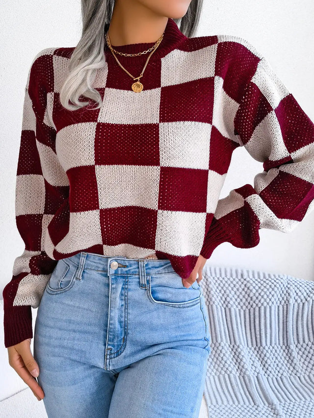 Checkered Mock Neck Long Sleeve Sweater Trendsi Hanalas