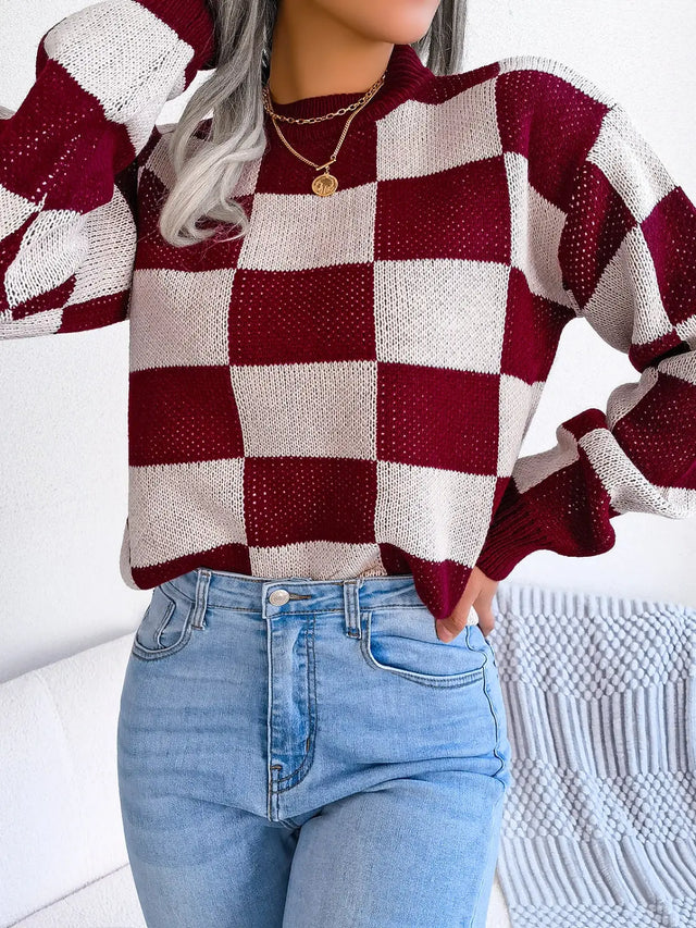 Checkered Mock Neck Long Sleeve Sweater Trendsi Hanalas