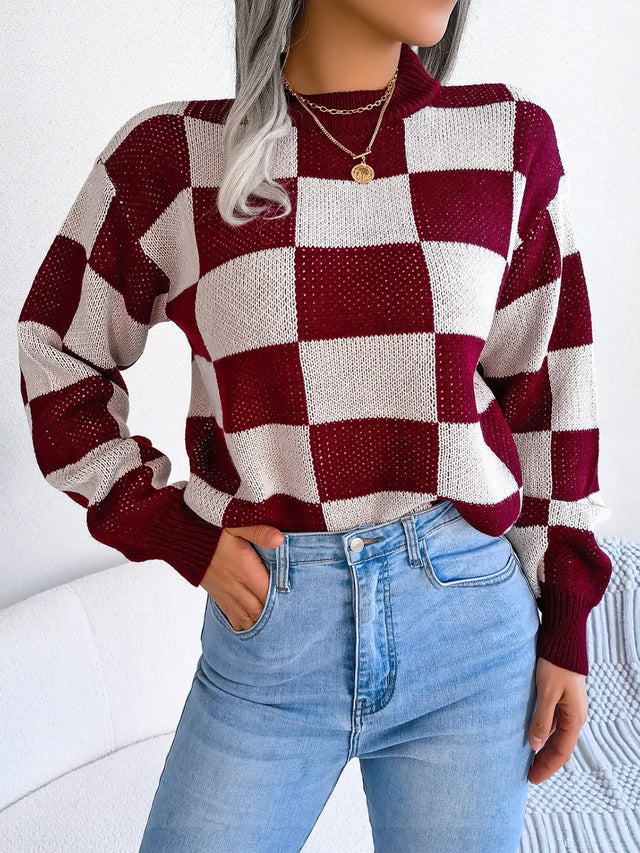 Checkered Mock Neck Long Sleeve Sweater Trendsi Hanalas