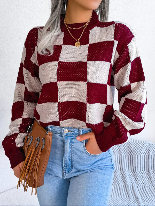 Checkered Mock Neck Long Sleeve Sweater Trendsi Hanalas