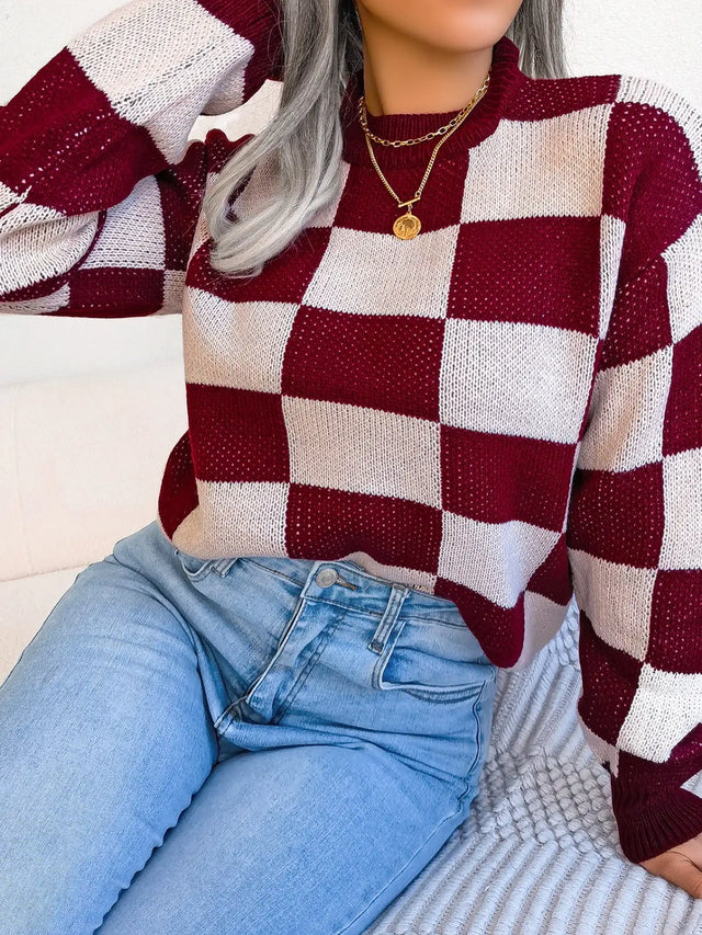 Checkered Mock Neck Long Sleeve Sweater Trendsi Hanalas