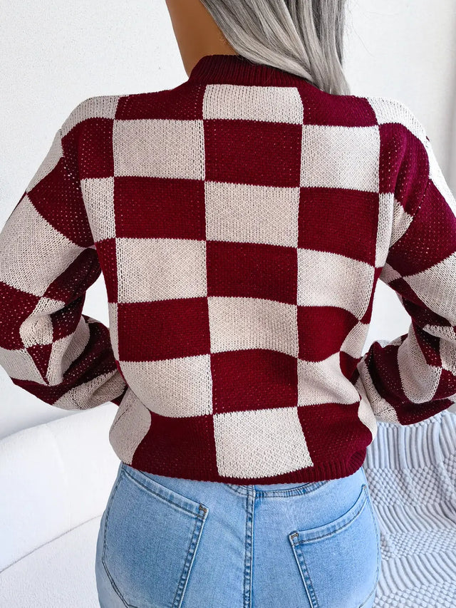 Checkered Mock Neck Long Sleeve Sweater Trendsi Hanalas