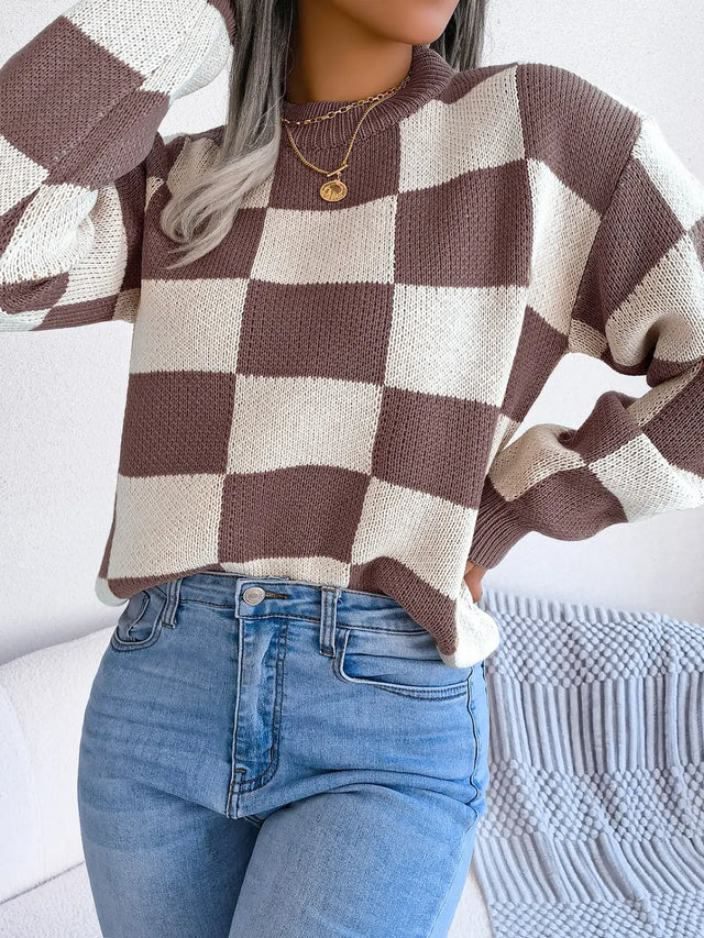 Checkered Mock Neck Long Sleeve Sweater Trendsi Hanalas