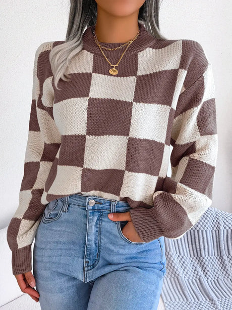 Checkered Mock Neck Long Sleeve Sweater Trendsi Hanalas