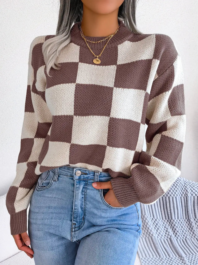 Checkered Mock Neck Long Sleeve Sweater Trendsi Hanalas