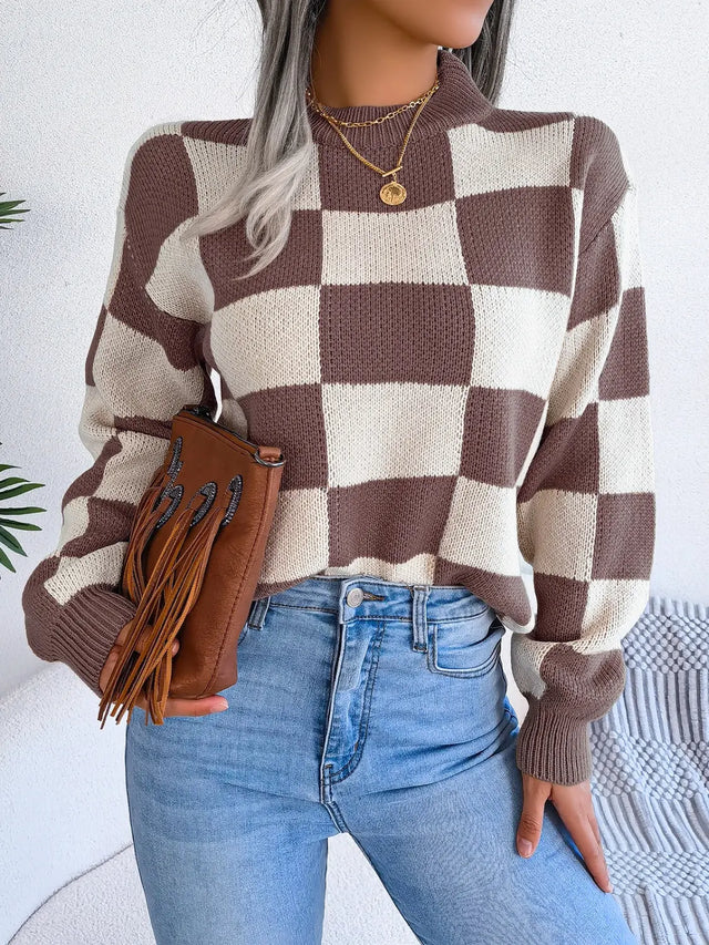 Checkered Mock Neck Long Sleeve Sweater Trendsi Hanalas