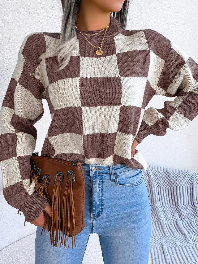 Checkered Mock Neck Long Sleeve Sweater Trendsi Hanalas