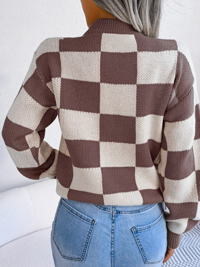 Checkered Mock Neck Long Sleeve Sweater Trendsi Hanalas