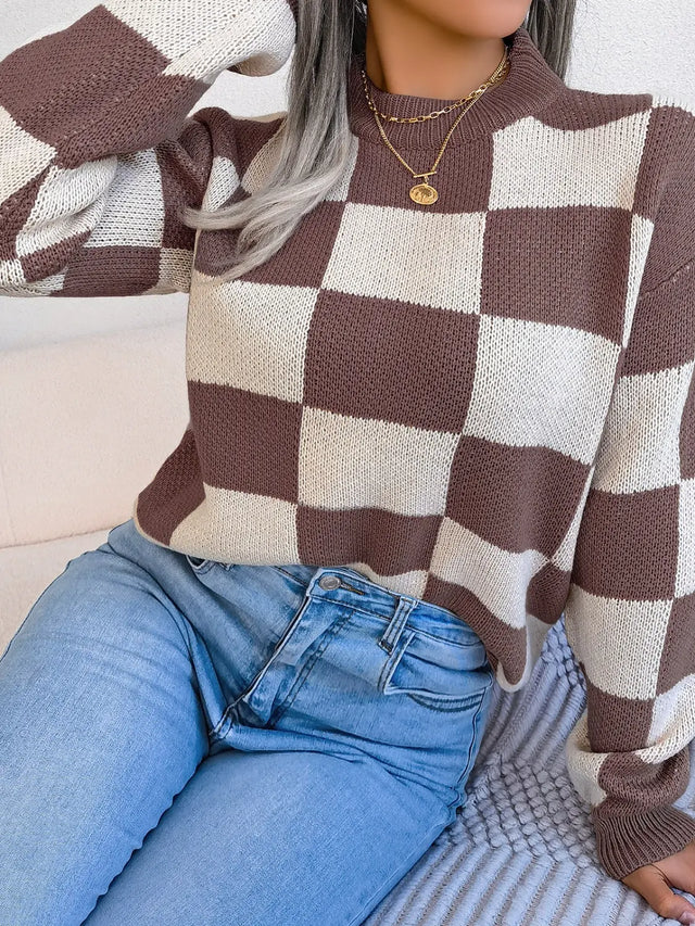 Checkered Mock Neck Long Sleeve Sweater Trendsi Hanalas