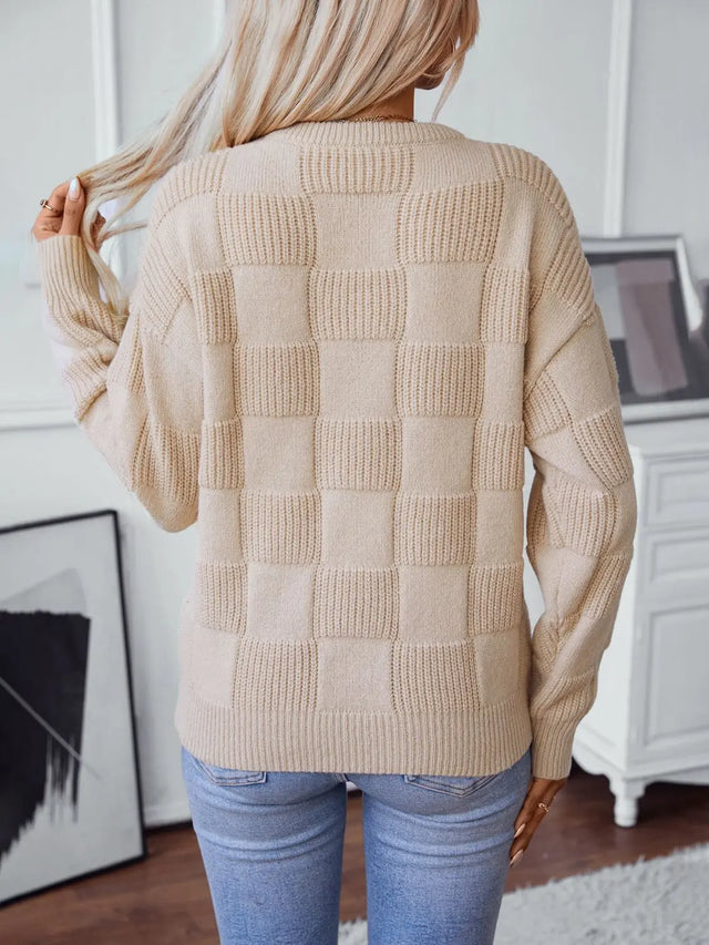 Checkered Round Neck Long Sleeve Sweater Trendsi Hanalas