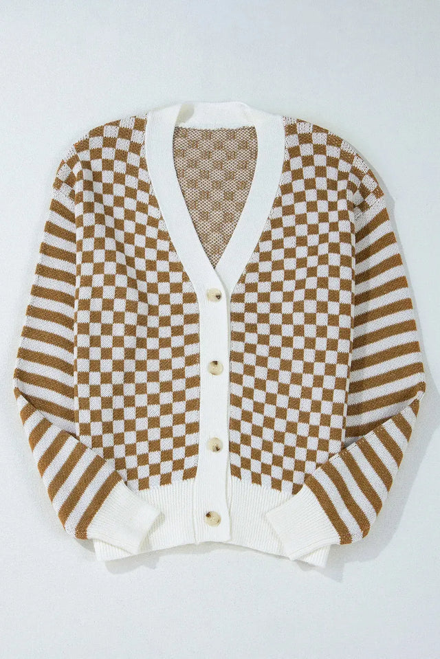 Checkered V-Neck Long Sleeve Cardigan Trendsi Hanalas