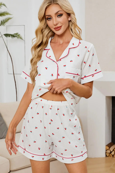 Cheery Print Collared Neck Top and Shorts Lounge Set | Hanalas