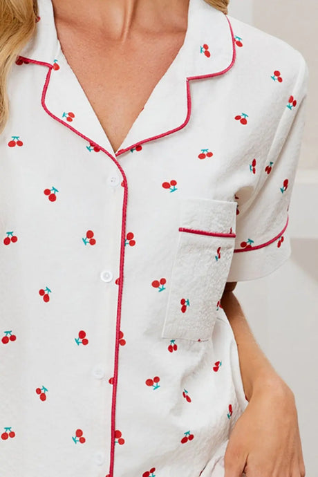Cheery Print Collared Neck Top and Shorts Lounge Set | Hanalas