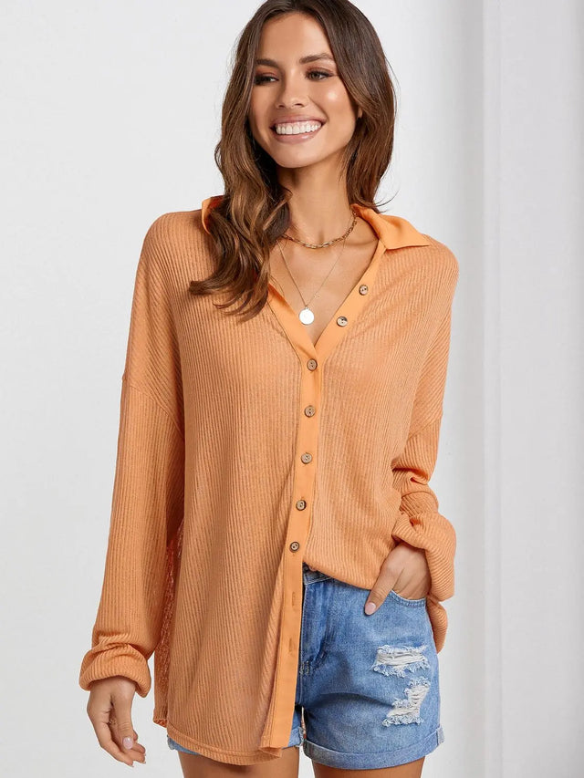 Collared Neck Button Down Long Sleeve Shirt Trendsi Hanalas