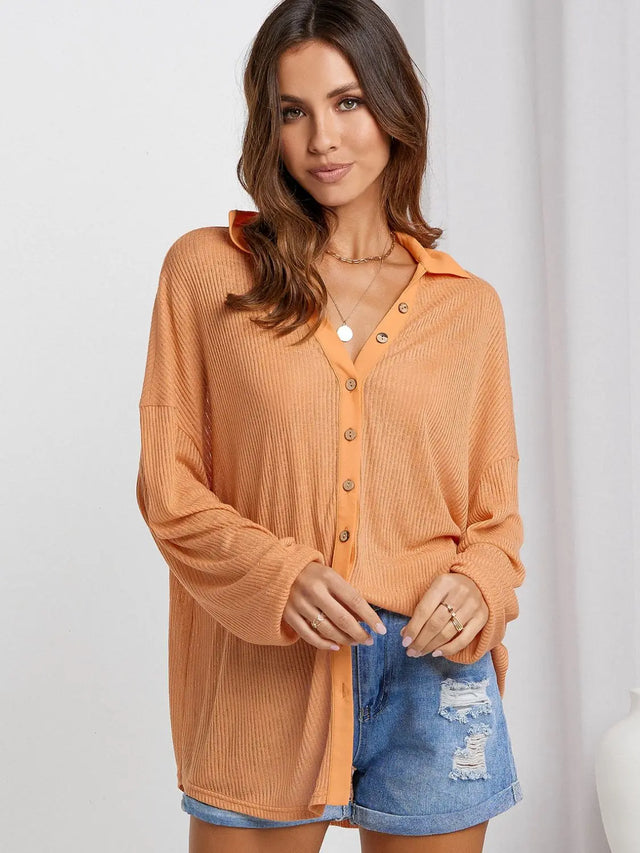 Collared Neck Button Down Long Sleeve Shirt Trendsi Hanalas