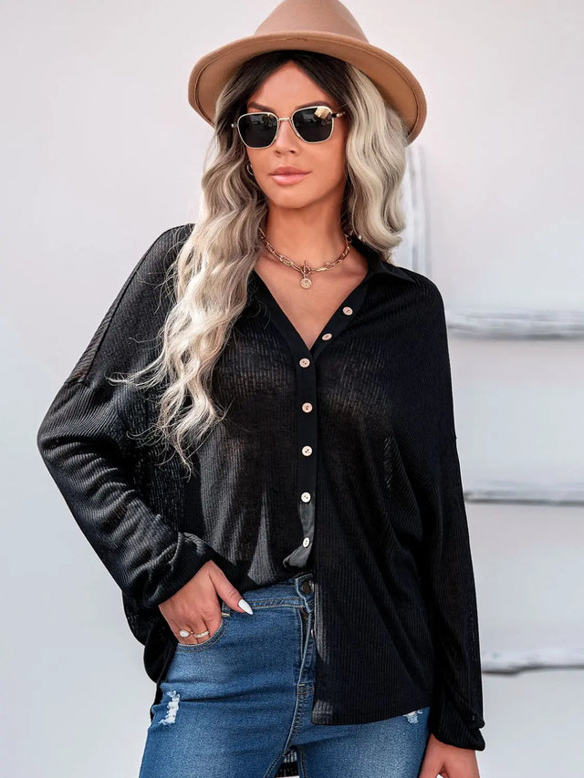 Collared Neck Button Down Long Sleeve Shirt Trendsi Hanalas