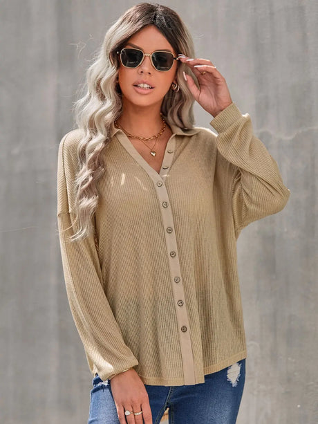 Collared Neck Button Down Long Sleeve Shirt Trendsi Hanalas