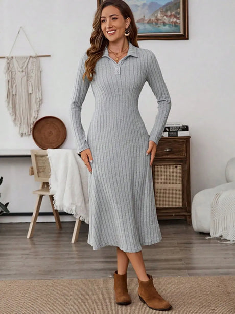 Collared Neck Long Sleeve Midi Dress | Hanalas