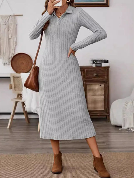 Collared Neck Long Sleeve Midi Dress | Hanalas
