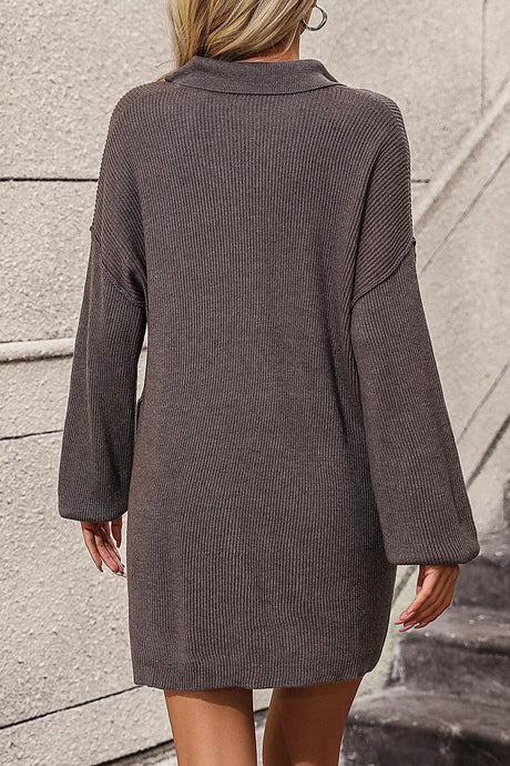 Collared Neck Long Sleeve Sweater Dress with Pockets | Hanalas