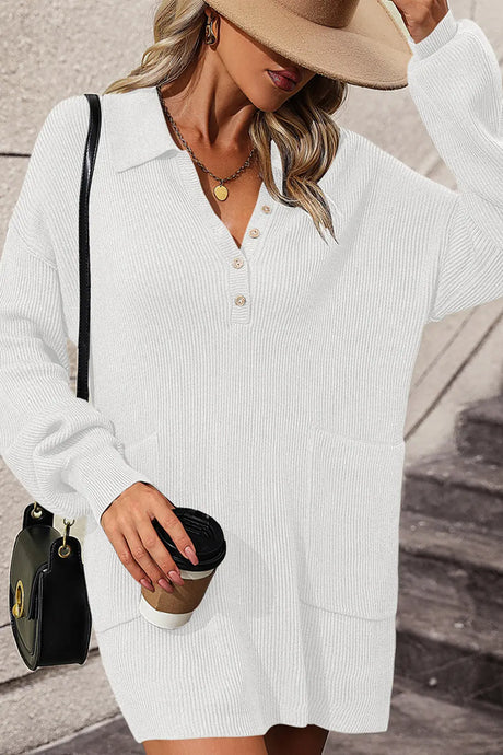 Collared Neck Long Sleeve Sweater Dress with Pockets | Hanalas