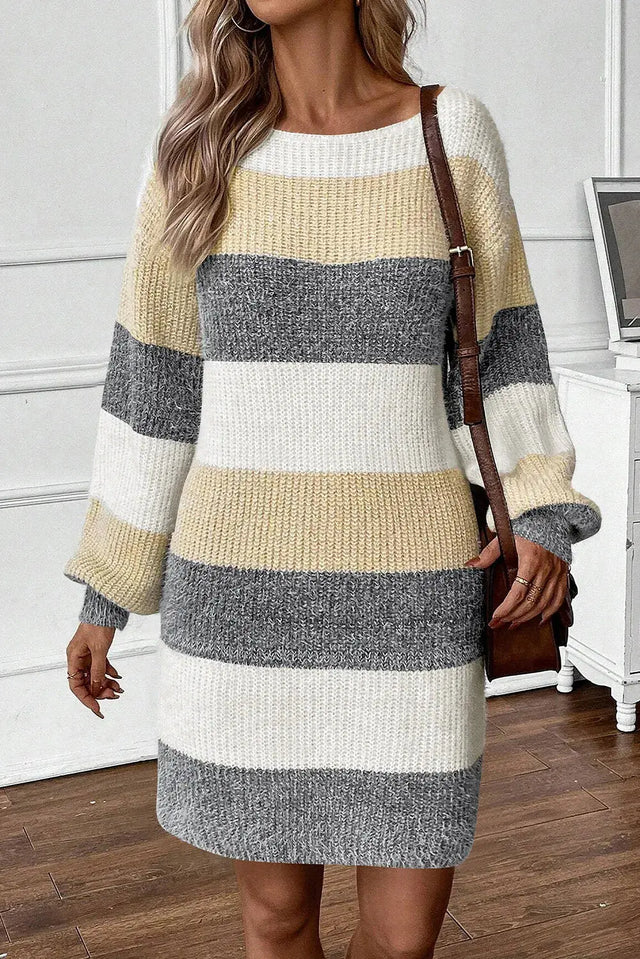 Color Block Boat Neck Long Sleeve Sweater Dress Trendsi Hanalas