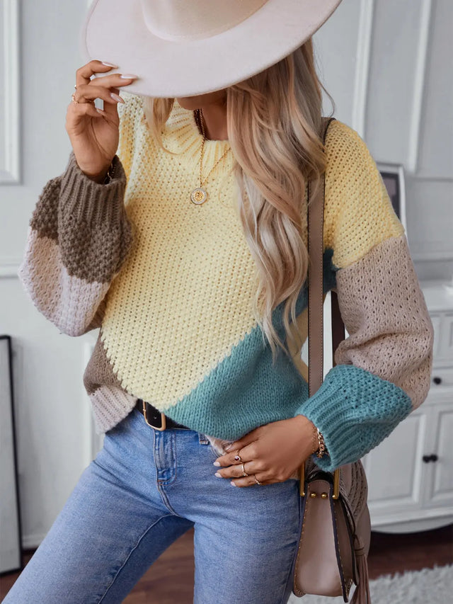 Color Block Round Neck Dropped Shoulder Sweater Trendsi Hanalas