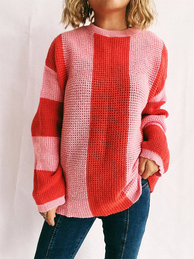 Color Block Round Neck Long Sleeve Sweater Trendsi Hanalas