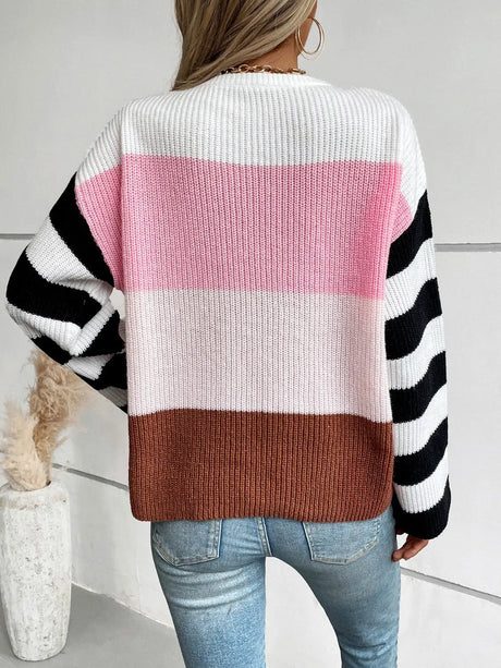 Color Block Round Neck Long Sleeve Sweater Trendsi Hanalas