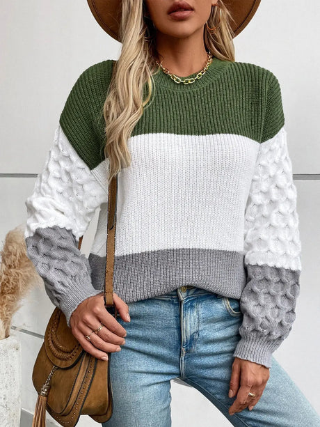 Color Block Round Neck Long Sleeve Sweater Trendsi Hanalas