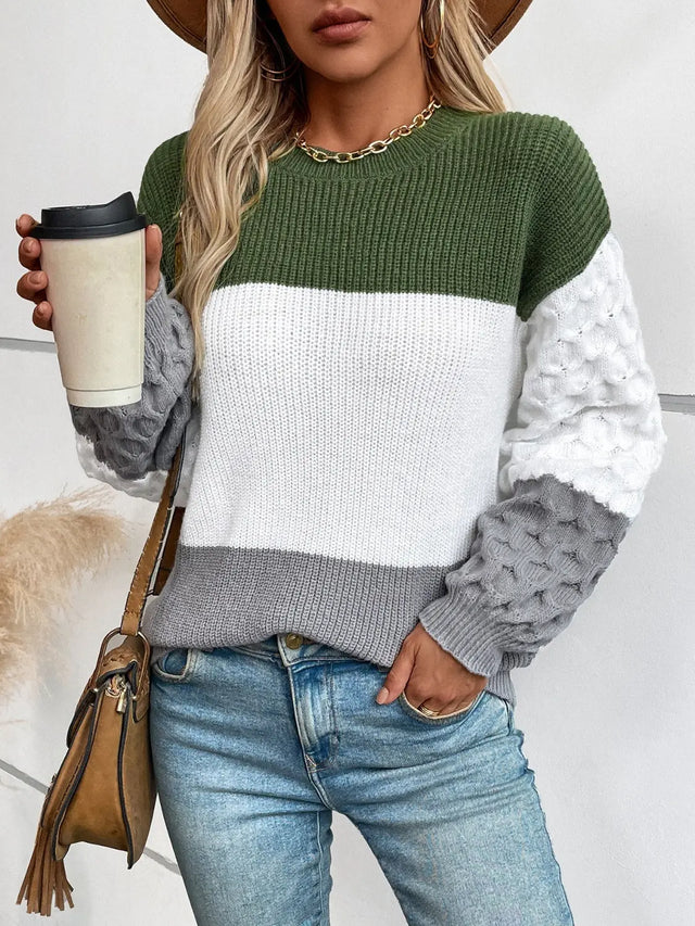 Color Block Round Neck Long Sleeve Sweater Trendsi Hanalas