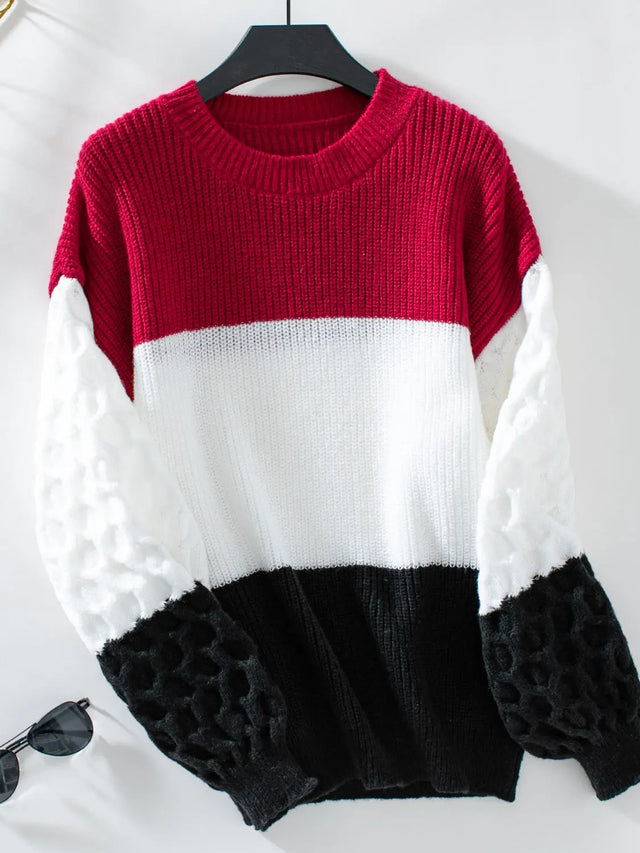 Color Block Round Neck Long Sleeve Sweater Trendsi Hanalas