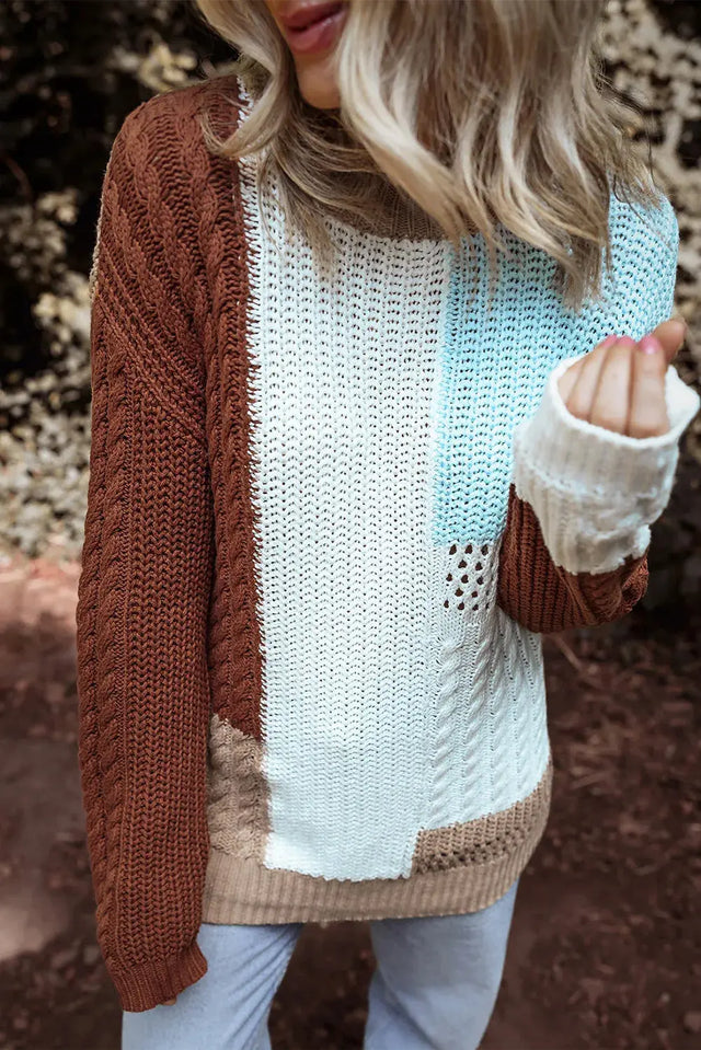 Color Block Round Neck Long Sleeve Sweater Trendsi Hanalas