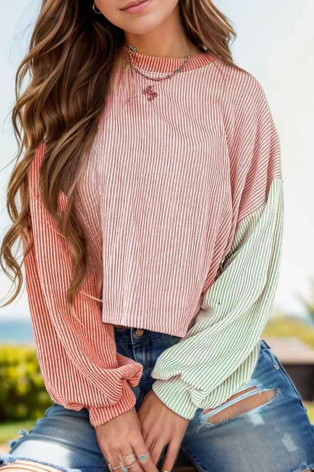 Color Block Round Neck Long Sleeve Top Trendsi Hanalas