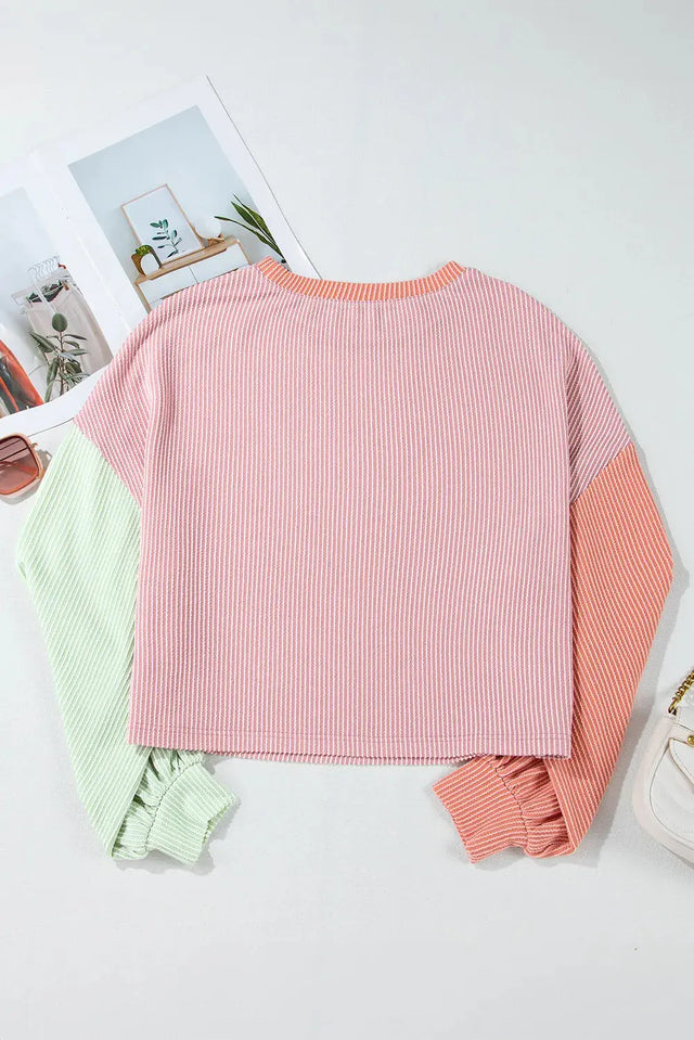 Color Block Round Neck Long Sleeve Top Trendsi Hanalas