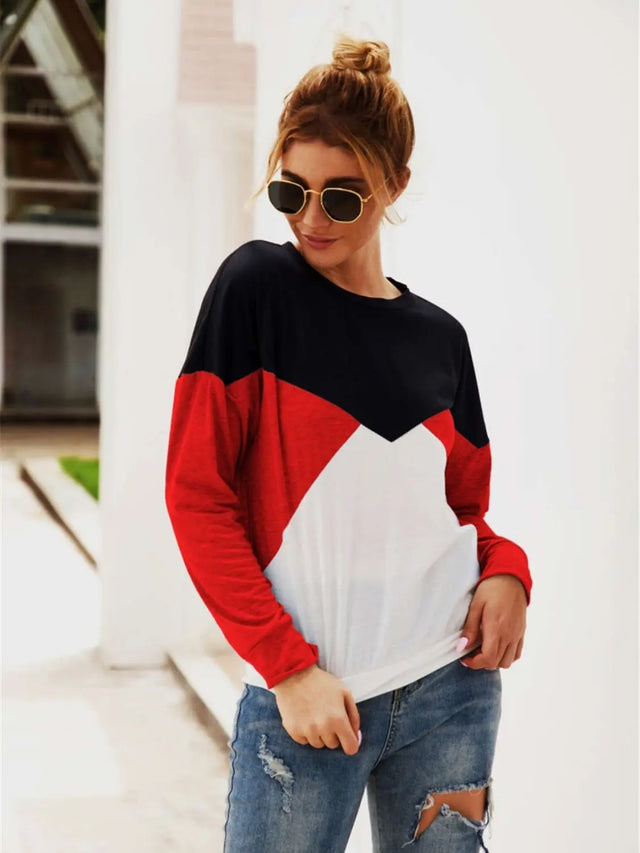 Color Block Round Neck Long Sleeve Top Trendsi Hanalas