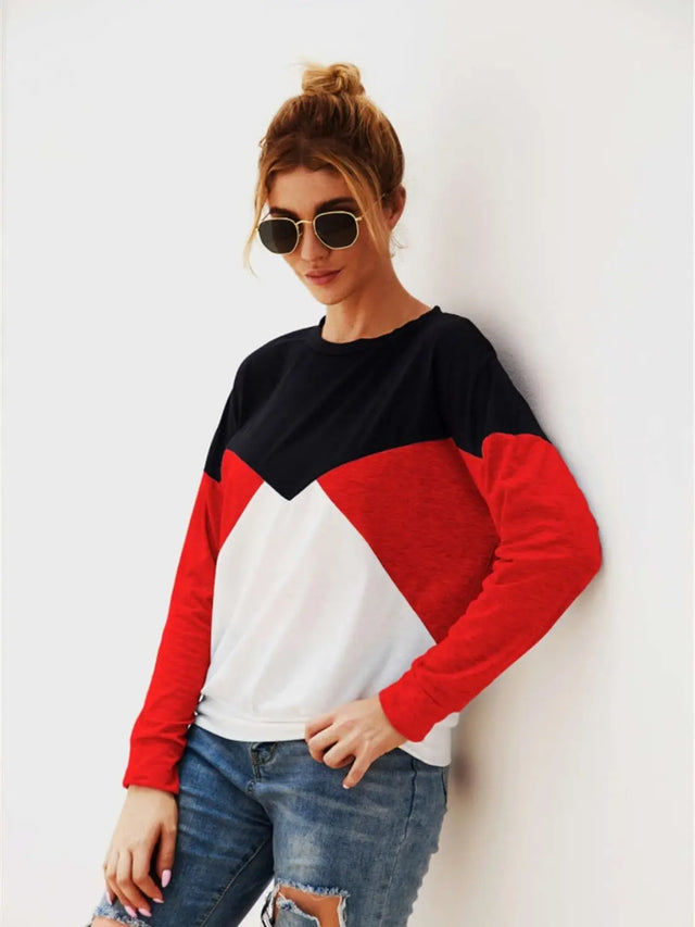 Color Block Round Neck Long Sleeve Top Trendsi Hanalas