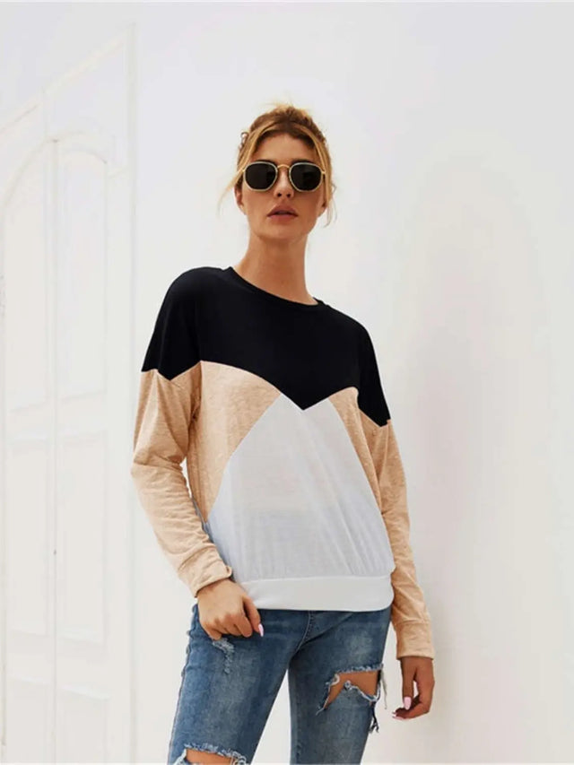 Color Block Round Neck Long Sleeve Top Trendsi Hanalas