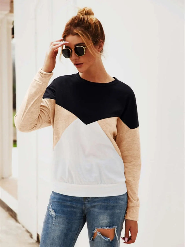 Color Block Round Neck Long Sleeve Top Trendsi Hanalas