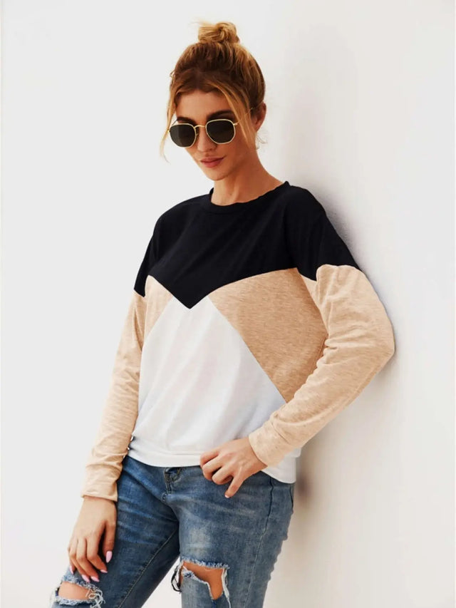 Color Block Round Neck Long Sleeve Top Trendsi Hanalas